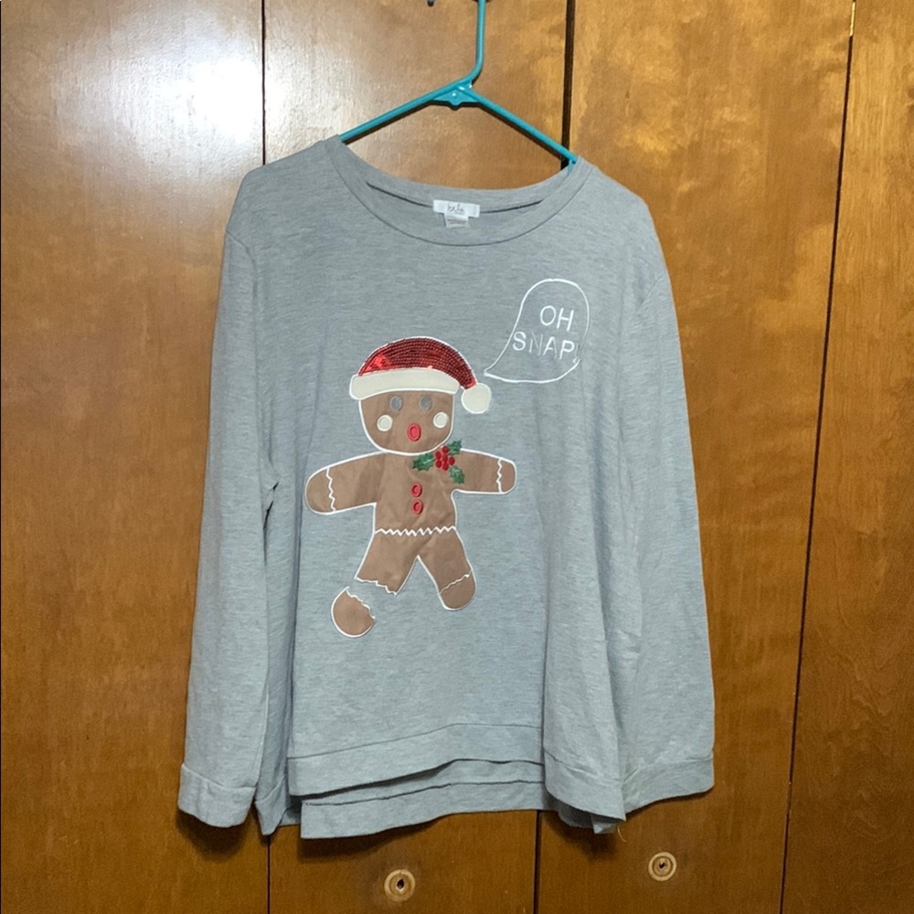ISELA- Gray Lightweight Sweatshirt with Gingerbread Design “Oh Snap” (1X)